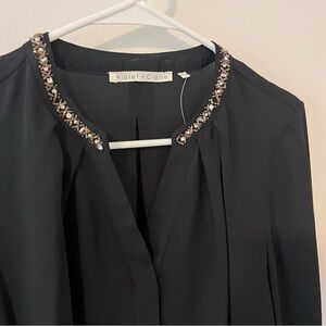 Violet + Claire Embellished Blouse Long Sleeve Black Buttons Large